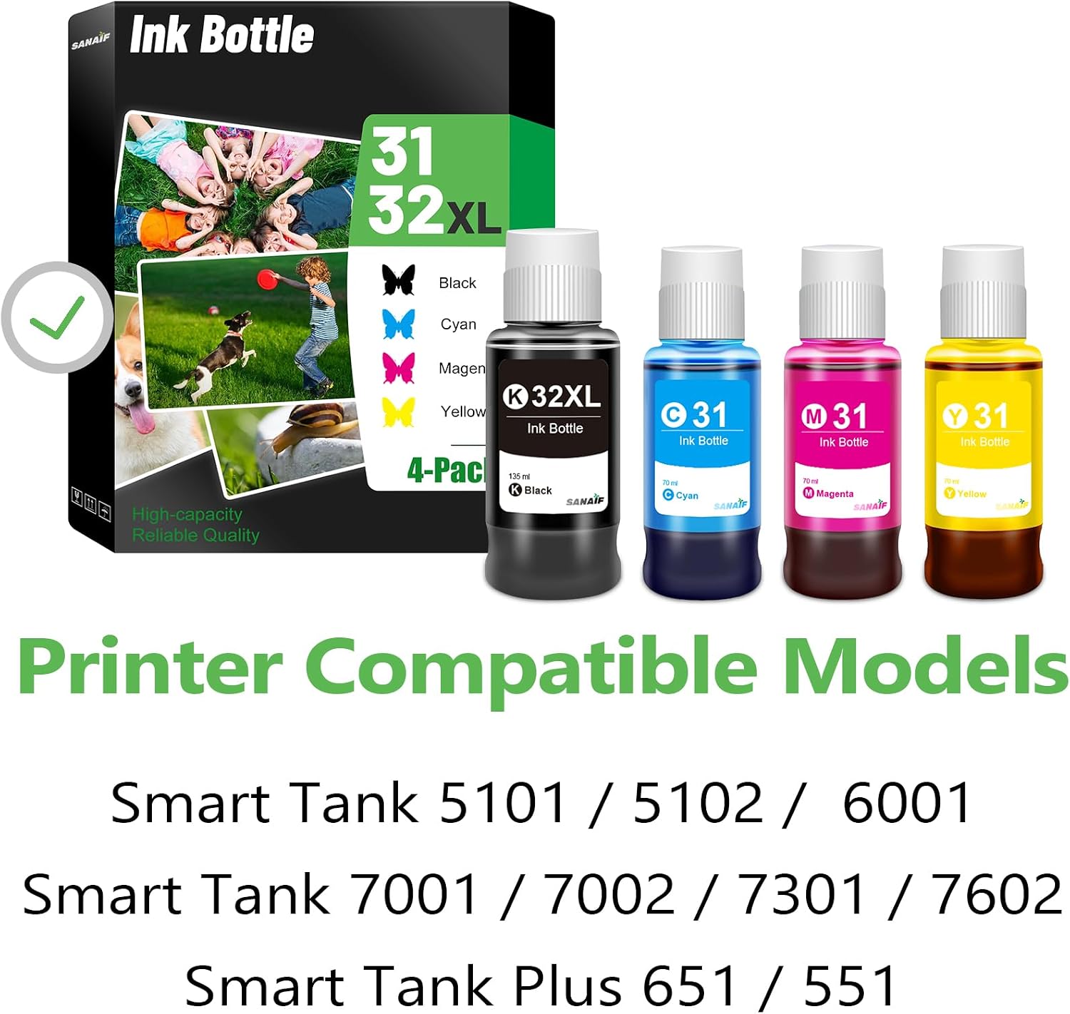 31 32XL Ink Bottle Set Replacement for HP 7301 5101 6001 5000 Ink Refill Use with Smart Tank 7301 6001 5101 5102 7001 7002 7602, Plus 651 551 Printer, 4-Pack