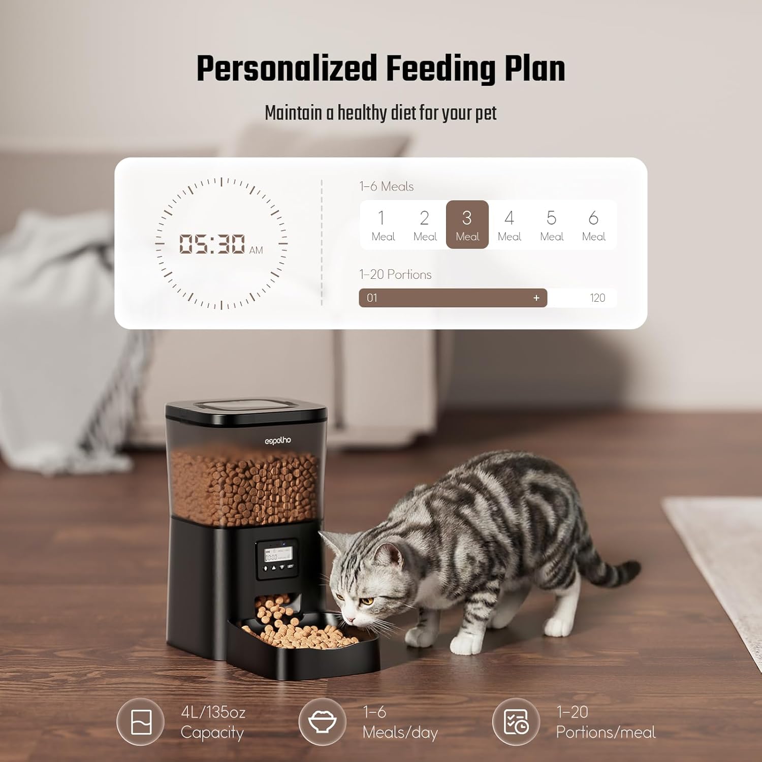 Espelho Automatic Cat Feeder- 4L Timed Cat Food Dispenser 1-6 Meals Control for Cat and Small Dog- Auto Pet Feeder with Desiccant Bag Keep Fresh for Reliable Easy Set Up and Clean- Voice Recorder
