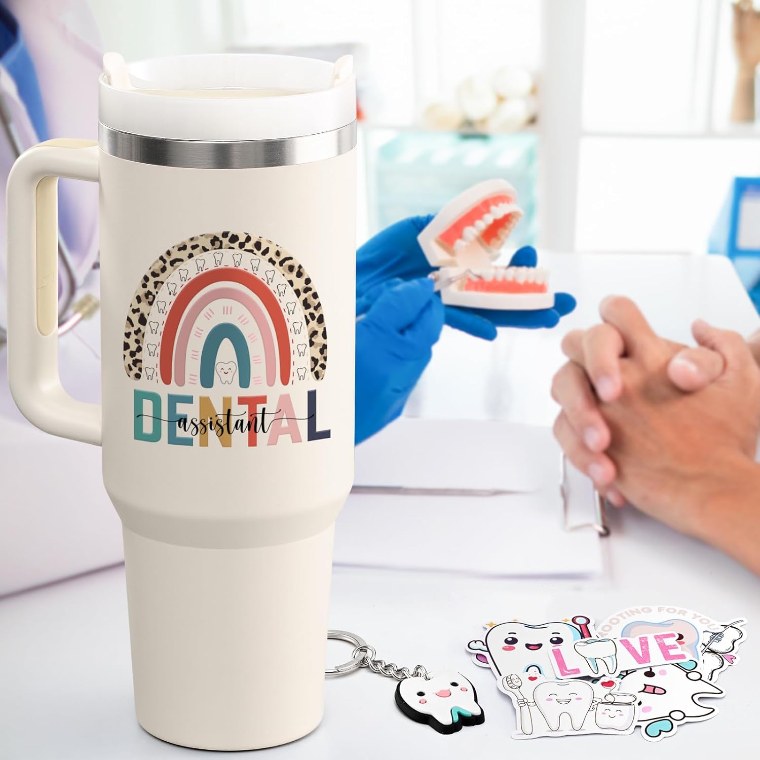 Lifecapido Dental Assistant Appreciation Gifts, Dental Assistant 40oz Tumbler with Keychain and Stickers, Dental Assistant Gifts, Birthday Gifts Christmas Gifts for Dental Assistant Coworkers, Creamy - Image 4