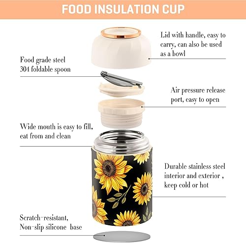 Miniatura 4 de Burbuja Tarro de comida aislado al vacío de girasol, acero inoxidable con cuchara plegable y cuenco portátil para alimentos para adultos, sin BPA y