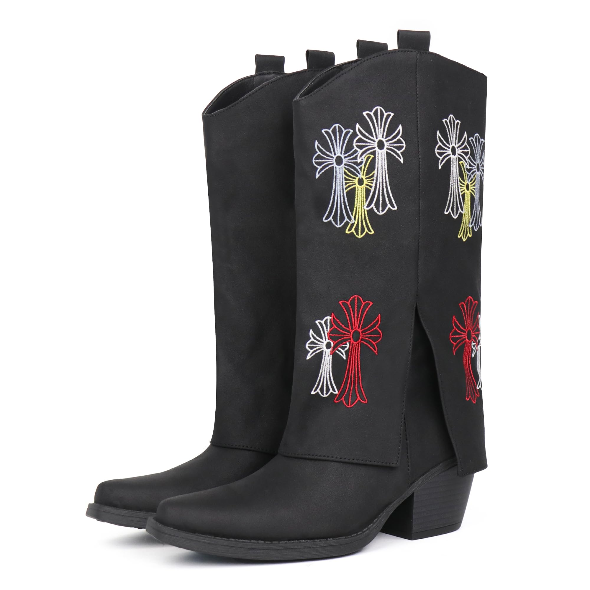 Hawkwell Cowboy Boots For Women Western Cowgirl Boots with Chunky Heel Mid Calf Snip Toe Side Zip Shark