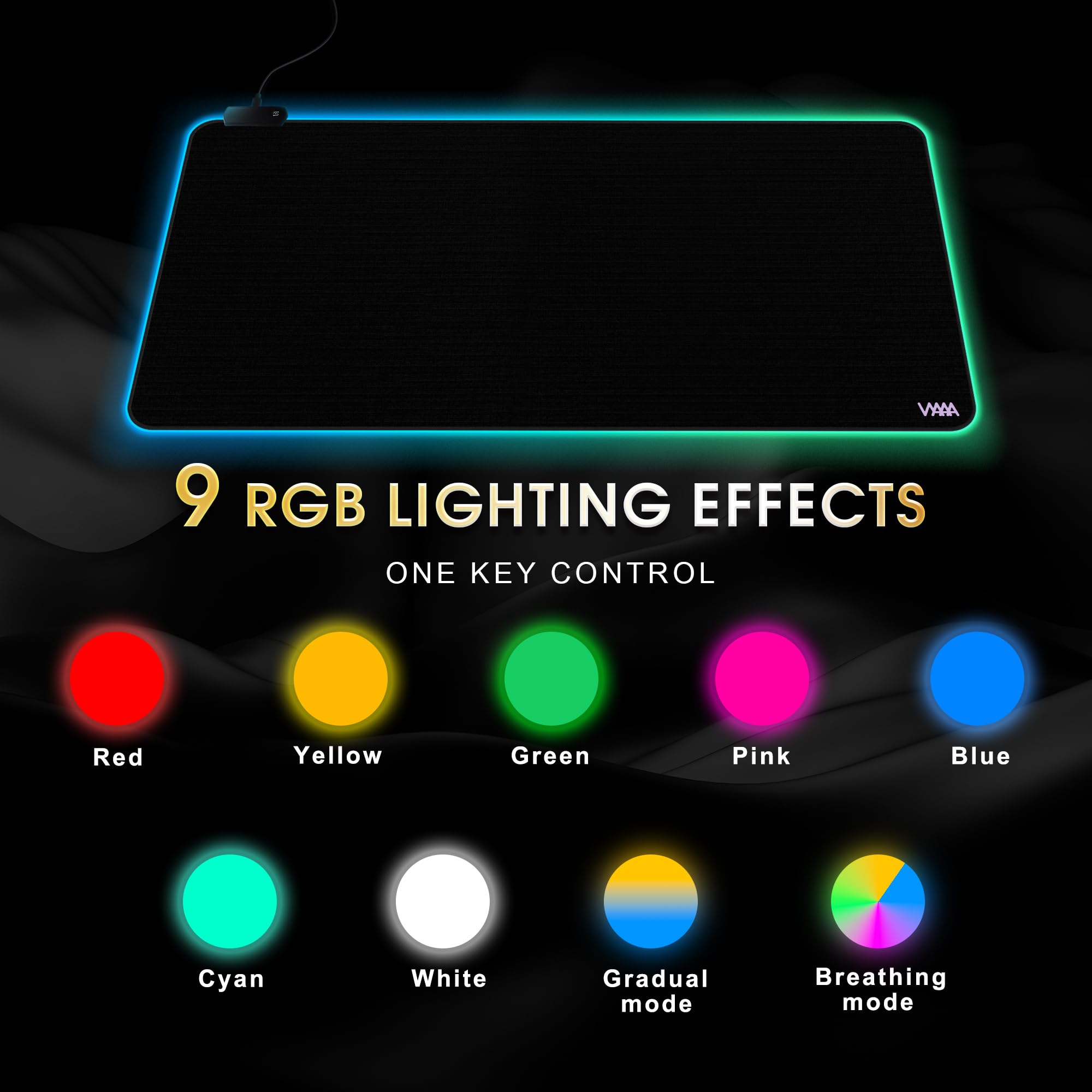 Vyaaa Tapis de souris de jeu RVB de 101,6 x 50,8 cm, tapis de bureau XXL LED avec 9 modes d'éclairage, surface lisse et base en caoutchouc antidérapant pour jeux/bureau/maison (noir)