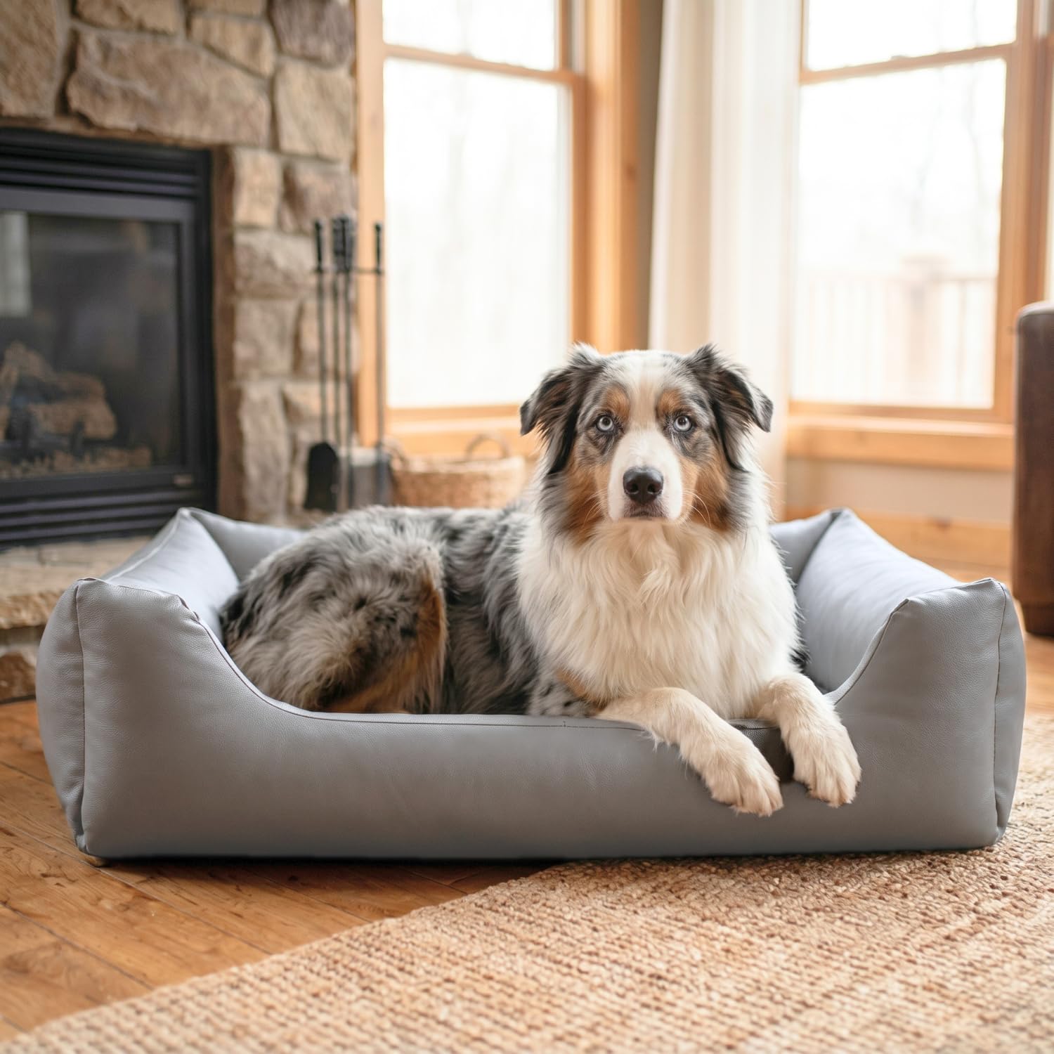 4L Textil Mario Lit Orthopédique pour Chien Mémoire de Forme – Panier Chien Simili Cuir Imperméable, Résistant aux Rayures, Facile à Nettoyer – Gris – 120x90 cm
