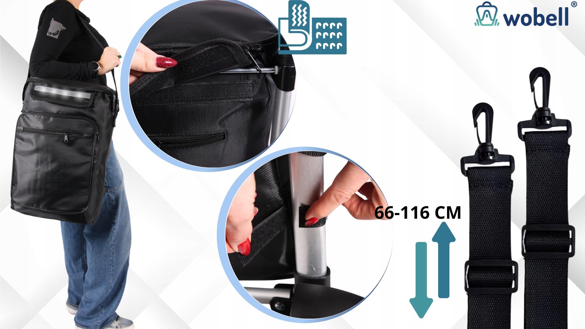 Wózek na Zakupy, 45L Pojemność, Szary, Aluminiowa Rama, Wodoodporny, z Kieszenią Termoizolacyjną, Składany, Regulowany Uchwyt 66-110cm