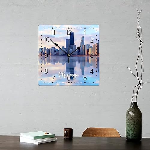 Miniatura 6 de Reloj de pared de PVC Chicago reloj de pared paisaje decoración de pared 12 pulgadas escena de la ciudad funciona con pilas, relojes cuadrados