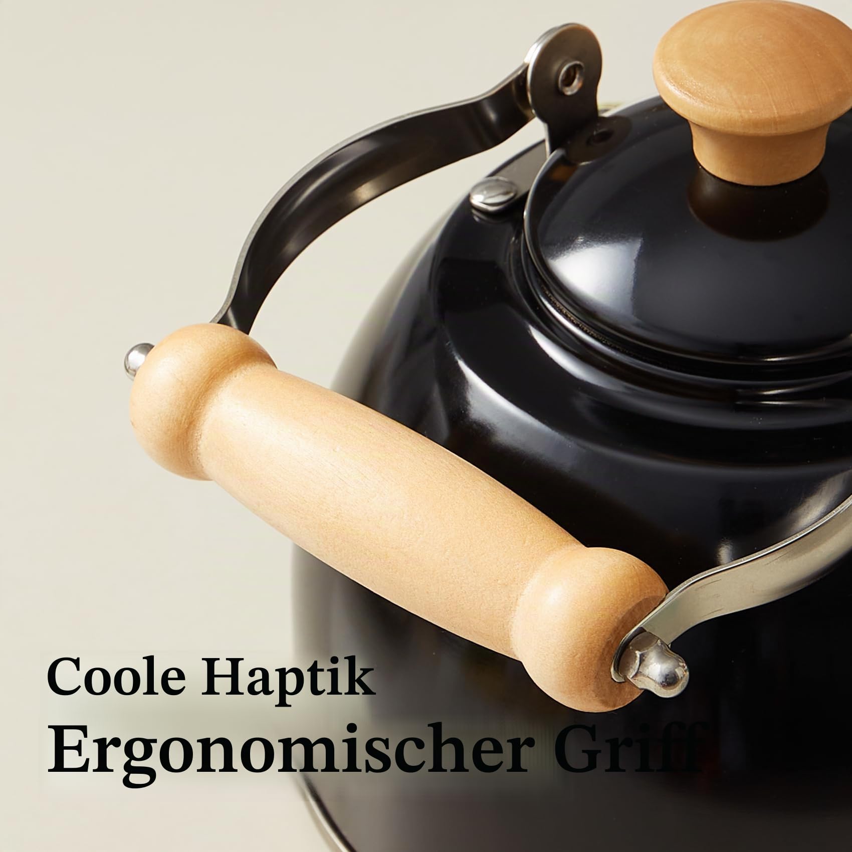 Wasserkessel Induktion, Flötenkessel für alle Herdarten, Edelstahl Teekessel Camping mit Holzgriff, Cool-Touch-Griff Teekanne Vintage 1.5L Schwarz