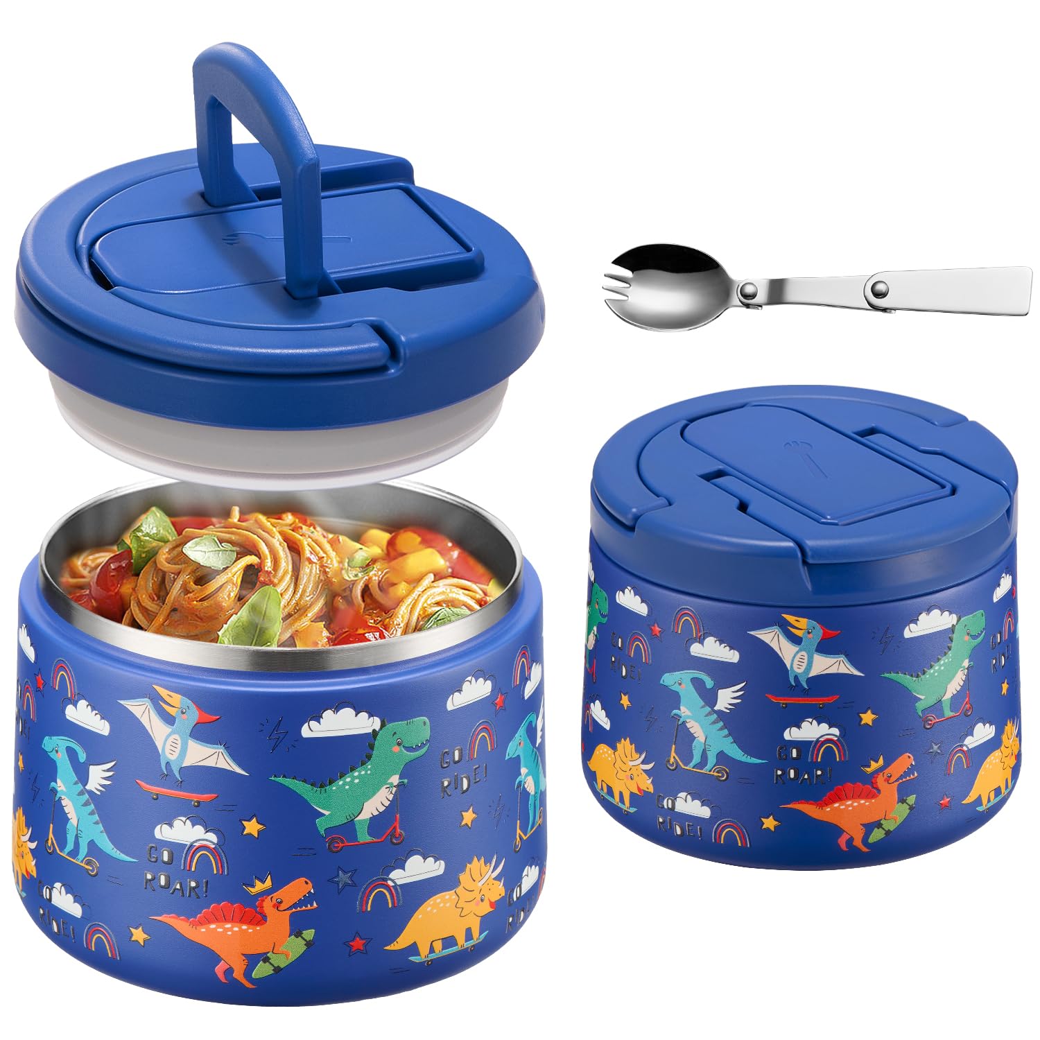 Photo 1 of 14oz Insulated Vacuum Food Jar with Buckle Lid,Soup Thermo for Hot Food Kids,Wide Mouth Leakproof Stainless Steel Lunch Container with Spoon-Dinosaur