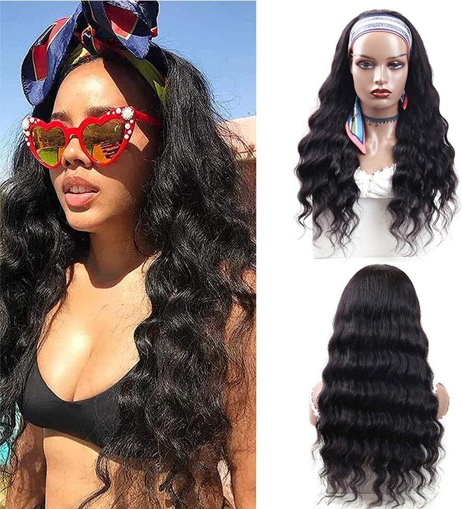 HeadBand Wig Loose Wave Human Hair Wig None Lace Front Wigs for Black Women Loose Deep Wave Machine Made Wigs with 5 Fashion Headbands 150% Density Glueless Wig Natural Color (16 inch)