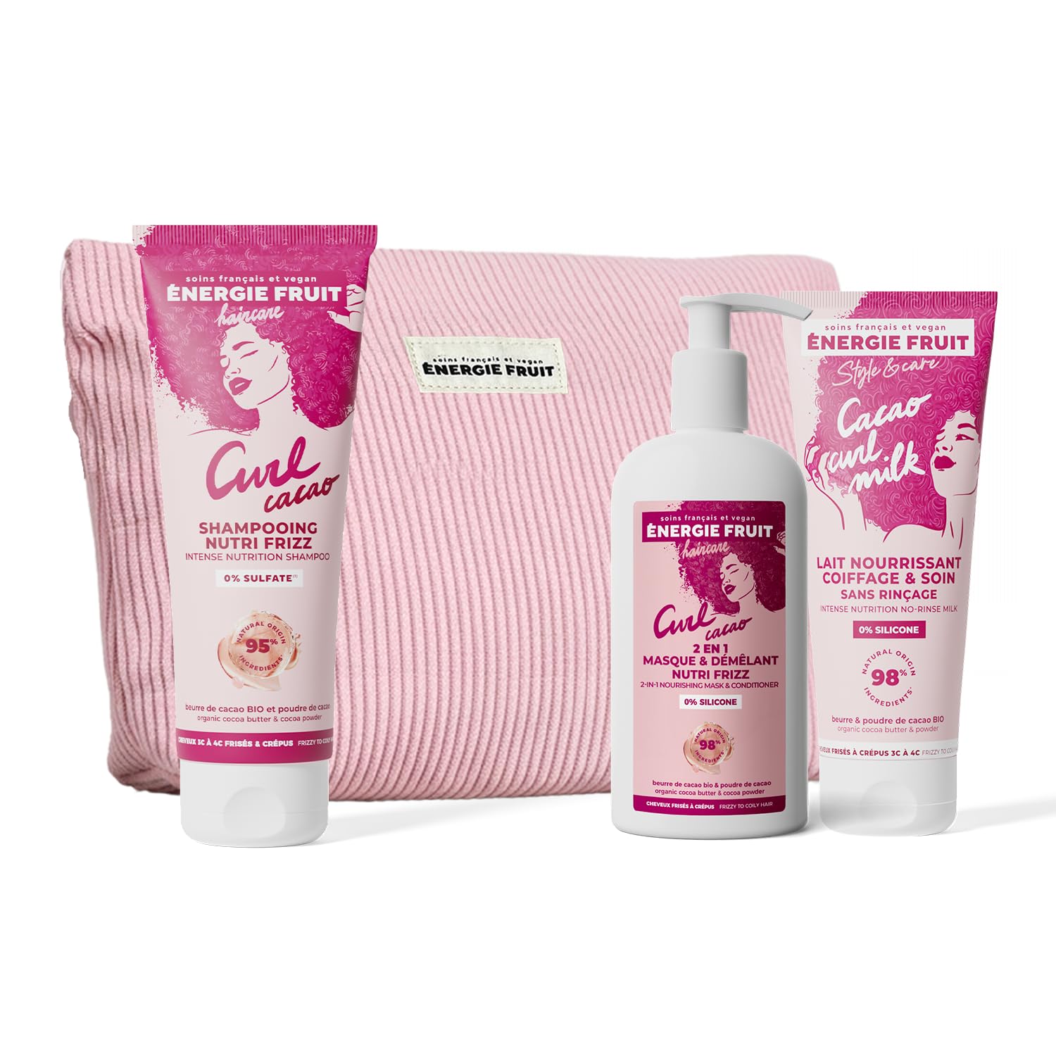 ENERGIE FRUIT Cacao Curl - Coffret Cadeau Routine Nutrition Intense - Shampoing, Masque Nourrissant & Lait Coiffant Nutri Frizz - Cheveux Frisés à Crépus - Beurre de Cacao BIO - Trousse