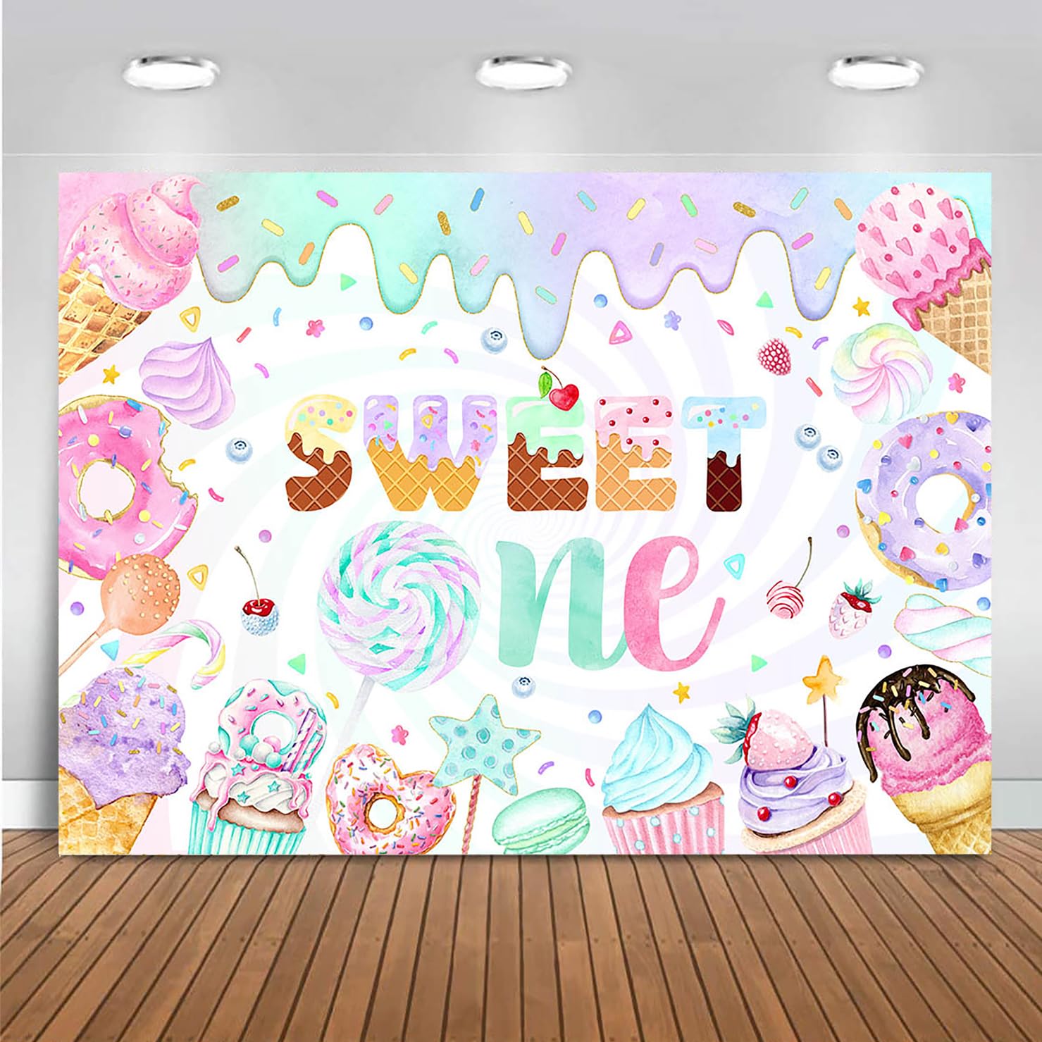 Mocsicka Sweet One Backdrop 1st Birthday Ice Cream Donut Birthday Party Decorations for Girls Ice Cream Dessert Cake Table Banner Photo Booth(7x5ft)