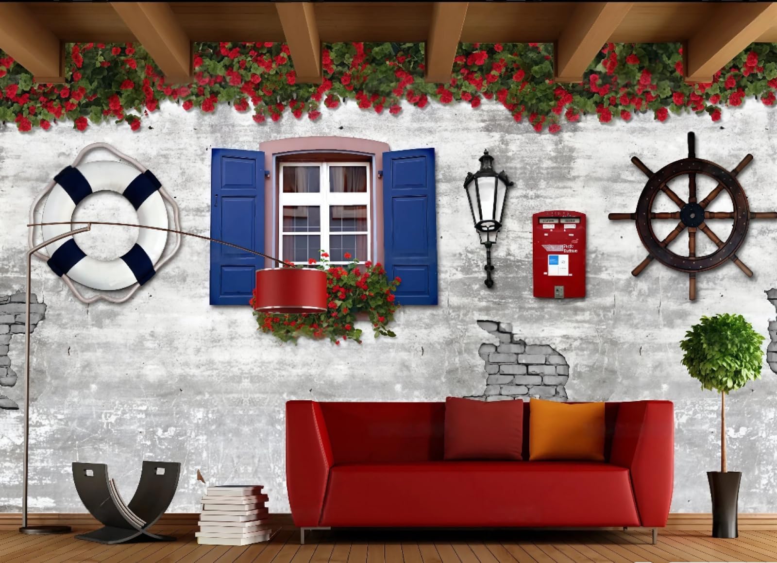 rskjdghshd Wallpaper Retro Nostalgic Cement Brick Wall Window Art Red Rose Flower Background Wall Western Restaurant Wallpaper Drink Coffee Shop Mural,3D,150x105cm