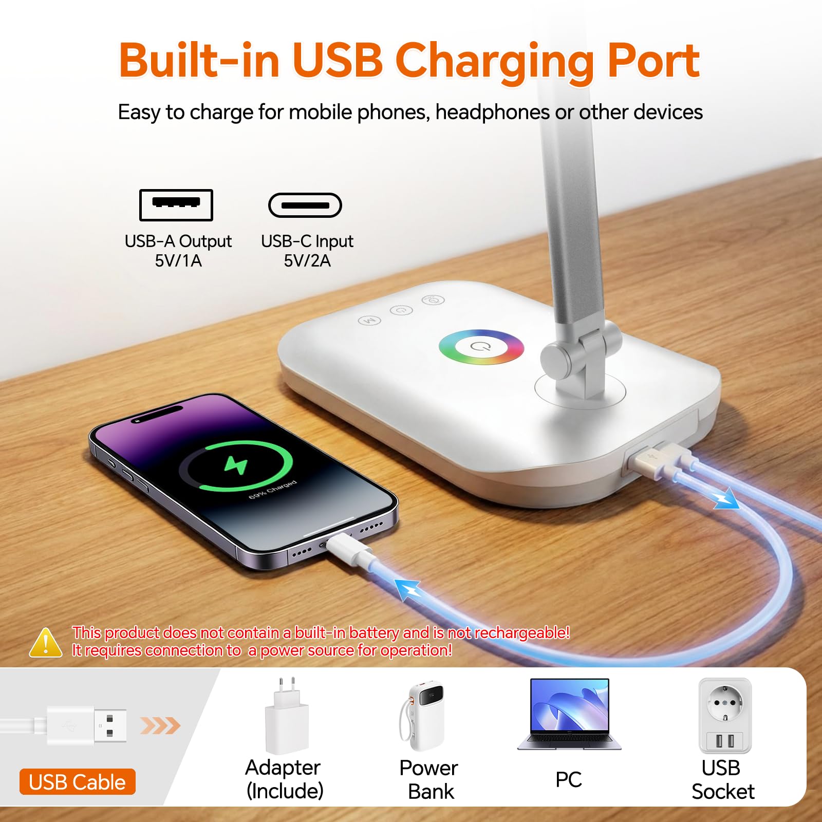 Schreibtischlampe LED Dimmbar 10W, Tischlampe mit 5 Farb und 10%-100% Stufenloses Dimmen, Desk Lamp USB Ladeanschluss Touch Steuerung, RGB Nachttischlampe, für Kinder, Schlafzimmer, Lektüre(Weiß)