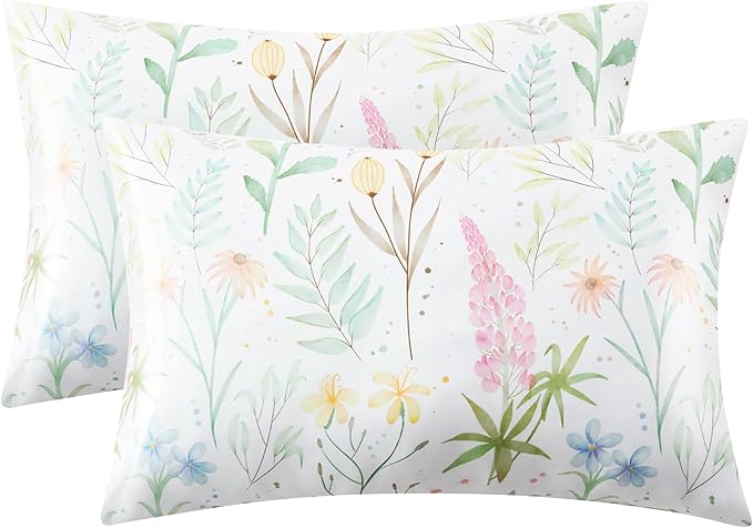 EXQ Home Satin Pillowcase for Hair and Skin- Multicolor Printed Flower Silk Pillowcase 2 Pack 20x26 inches - Standard Size Pillow Cases with Envelope Closure, Gifts for Women