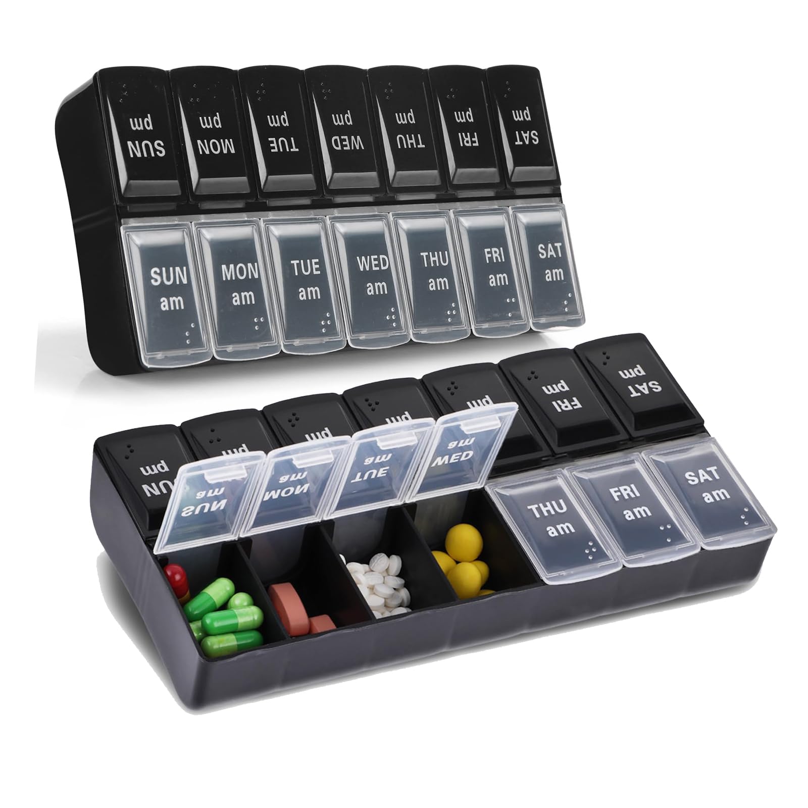 2 Pcs Pill Boxes 7 Day 2 Times A Day, Am Pm Pill Box 7 Day, Pill Organiser 7 Day 2 Times Night Medicine Organizer Travel Pill Container 14 Compartments Pill Dispenser for Vitamins