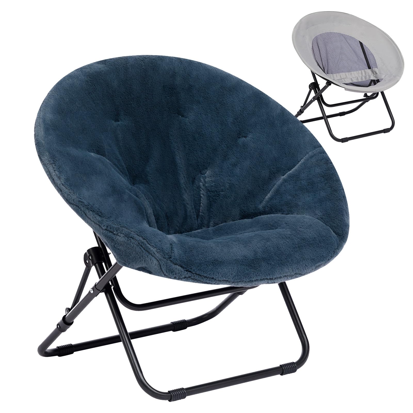 Folding Saucer Chair Comfy Foldable Armchair Moon Chair Plush Round Small Reading Chairs Portable for Living Room & Bedroom, Dark Grey