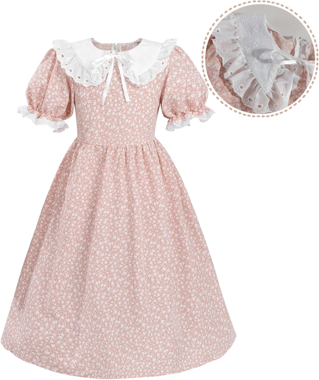 NSPSTT Colonial Costume Girls Pioneer Costume Prairie Dress Short Sleeve 3pcs Set