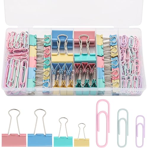 240PCS Colored Assorted Size Paper Clips and Binder Clips, Paperclips Large Medium Small, Binder Clip and Paper Clip Set for Home, School, and Office Supplies in a Container with Compartments