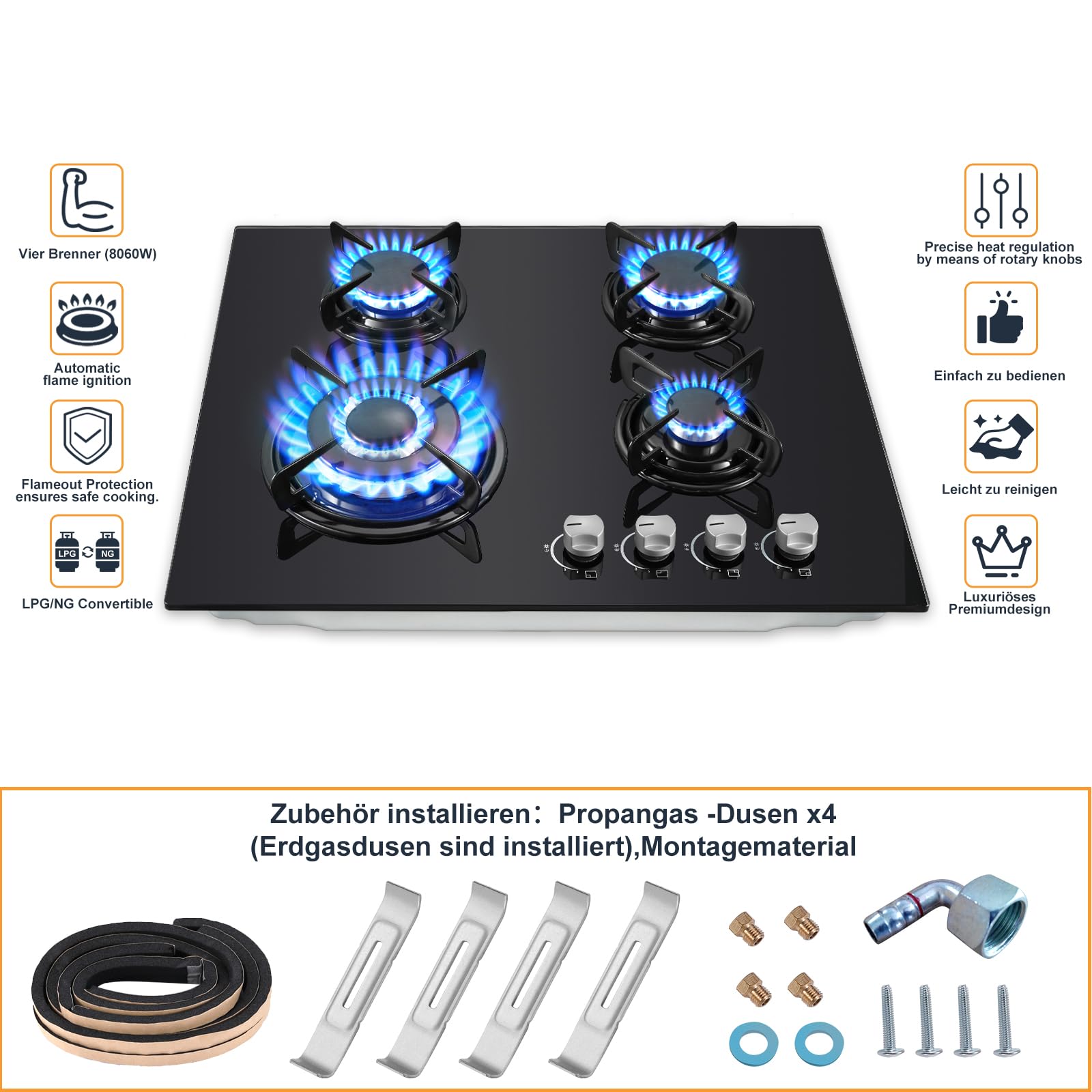 TopStrong Piano Cottura 4 Fuochi Gas, Piano Cottura Gas Vetro Incasso, Protezione Flame-Out, Gas Naturale/Propano, 8060W, Nero, 220-240V