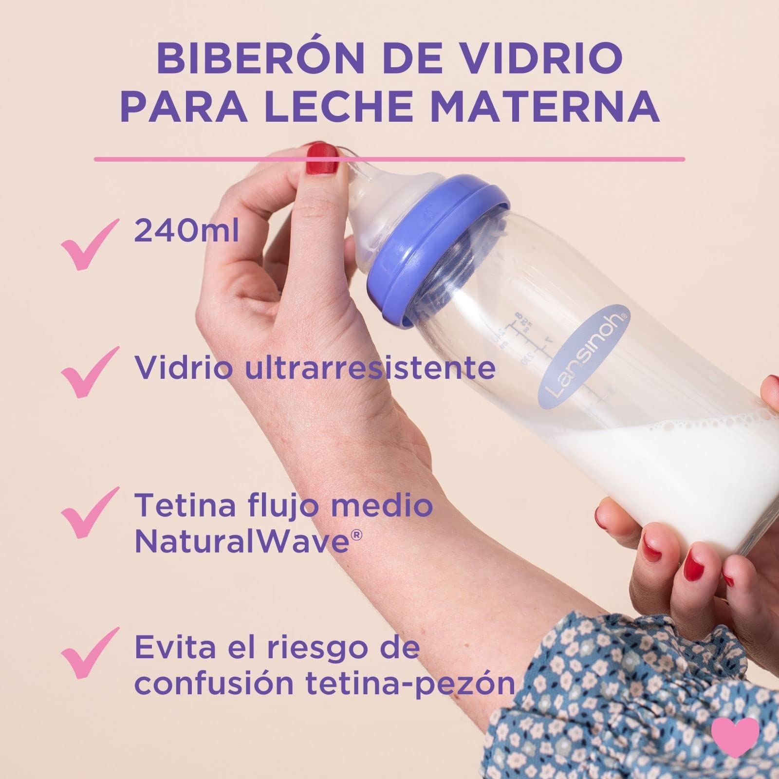 Biberón de Cristal de Lansinoh para Leche Materna con tetina simuladora del pezón, flujo medio, 240 ml/1 Ud., lila/transparente (77250)