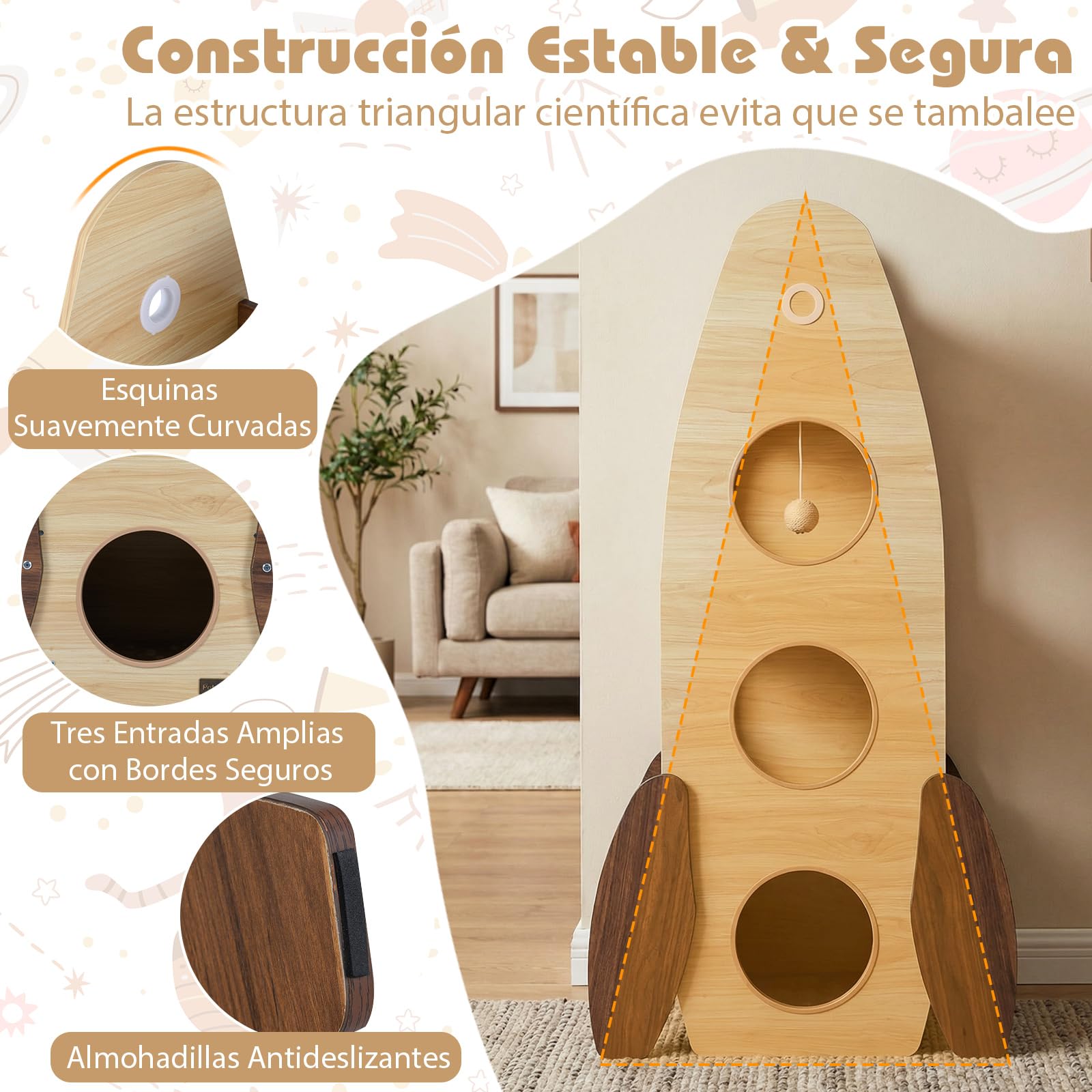 COSTWAY Árbol Rascador para Gatos en Forma de Cohete, Torre para Gatos de Madera con Condominio de 2 Plantas, Percha Superior, Rascador de Sisal, Plataforma Acolchada, Bola Colgante, Natural y Blanco