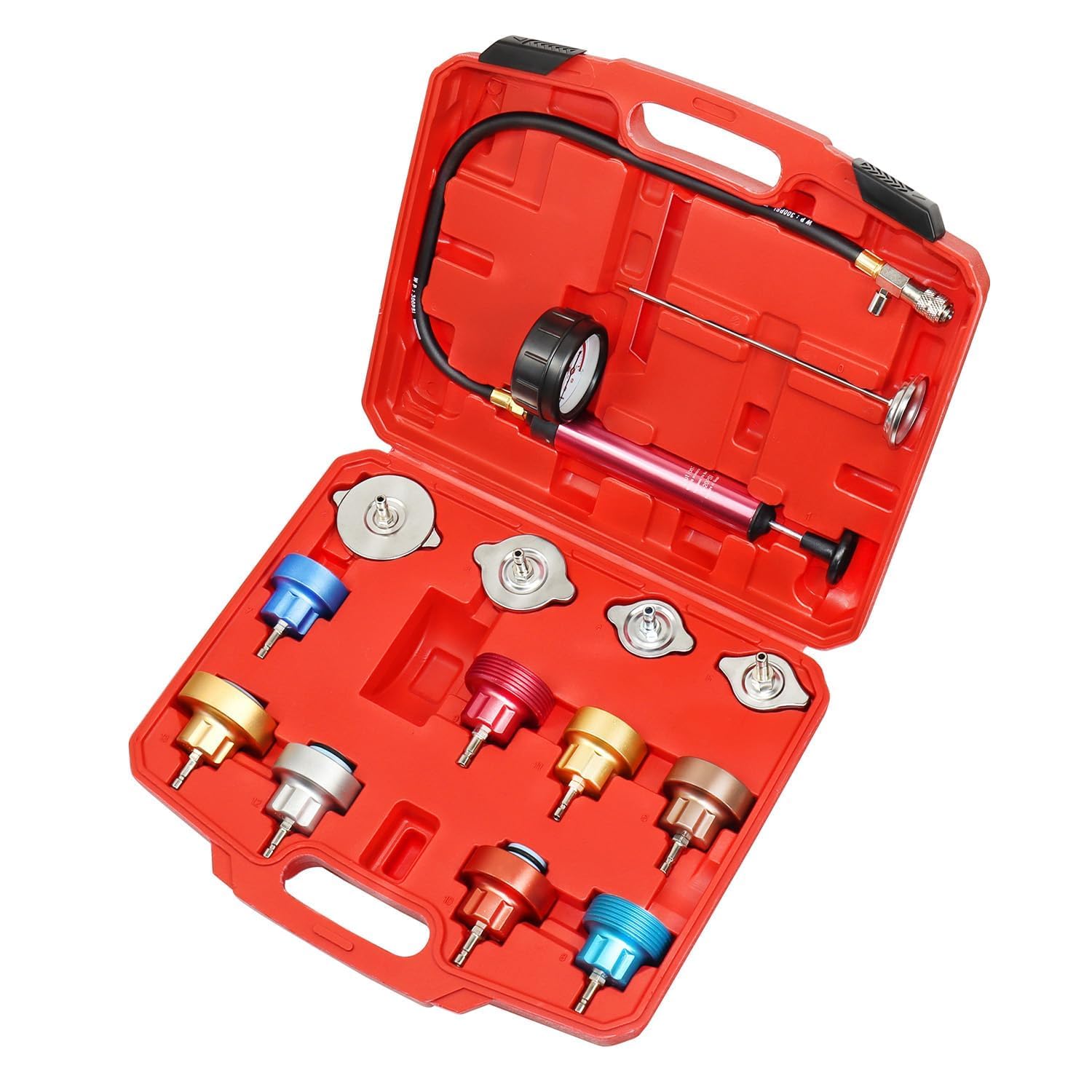 Radiator Pressure Leakage Tester Tool Kit, 14PCS Automotive Cooling System Water Tank Leak Test Detector Set with Aluminum Hand Pump and Adapters-image-11