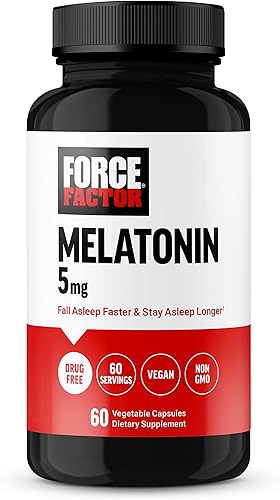 FORCE FACTOR Melatonina 5 mg, suplemento sin medicamentos, vegano, sin OMG, 60 cápsulas vegetales
