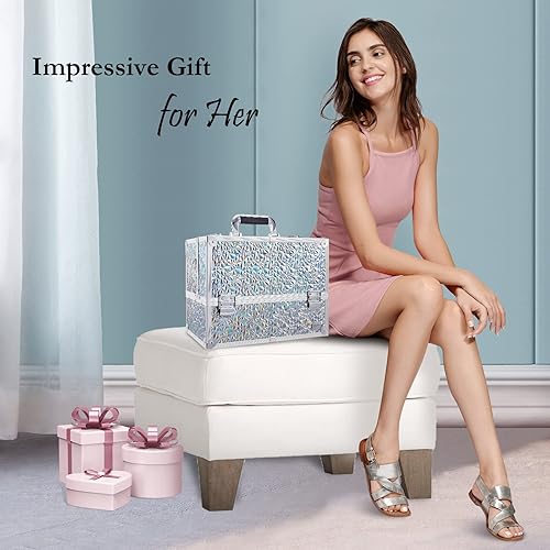 Miniatura 7 de Joligrace Estuche de tren de maquillaje grande con 6 bandejas, caja organizadora profesional  Portador de maquillaje cosmético con cerradura y