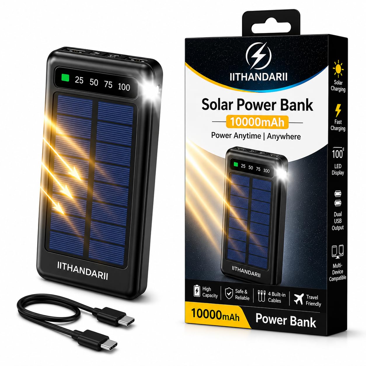 THANDAR Solar Power Bank 10000mAh Fast Charging Waterproof Dual USB with LED Light-image-49