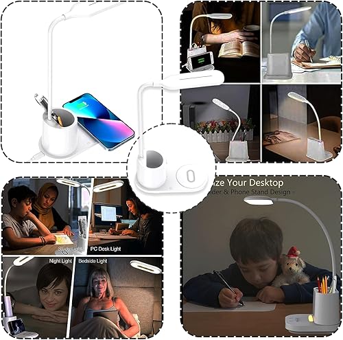 Miniatura 5 de Lámpara de escritorio USB con estación de carga inalámbrica, adaptador de pared y soporte para bolígrafo (negro)