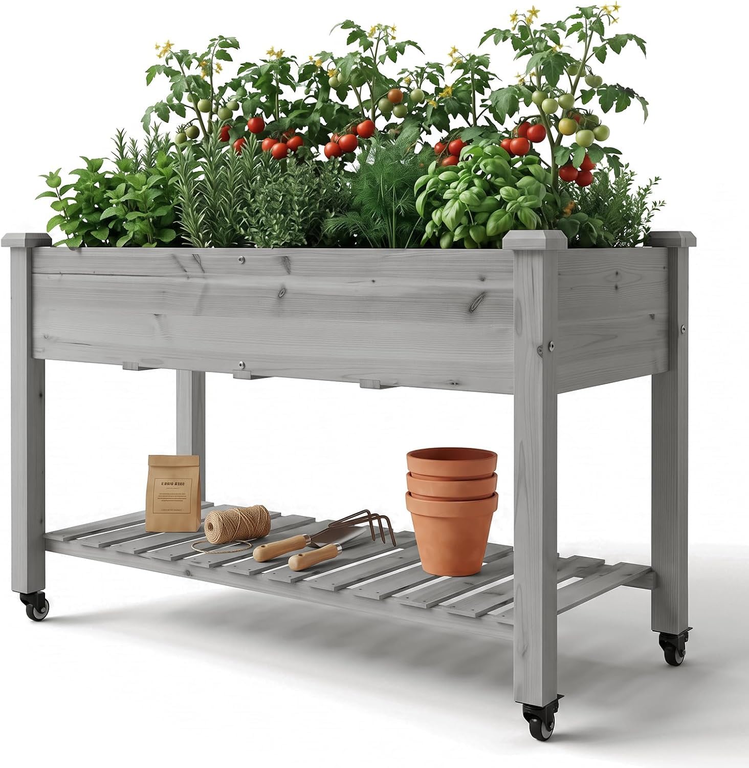 Koioplie Elevated Mobile Garden Bed with Lockable Wheels, Storage Shelf & Liner, Wood Planter Box for Gardening– Grey