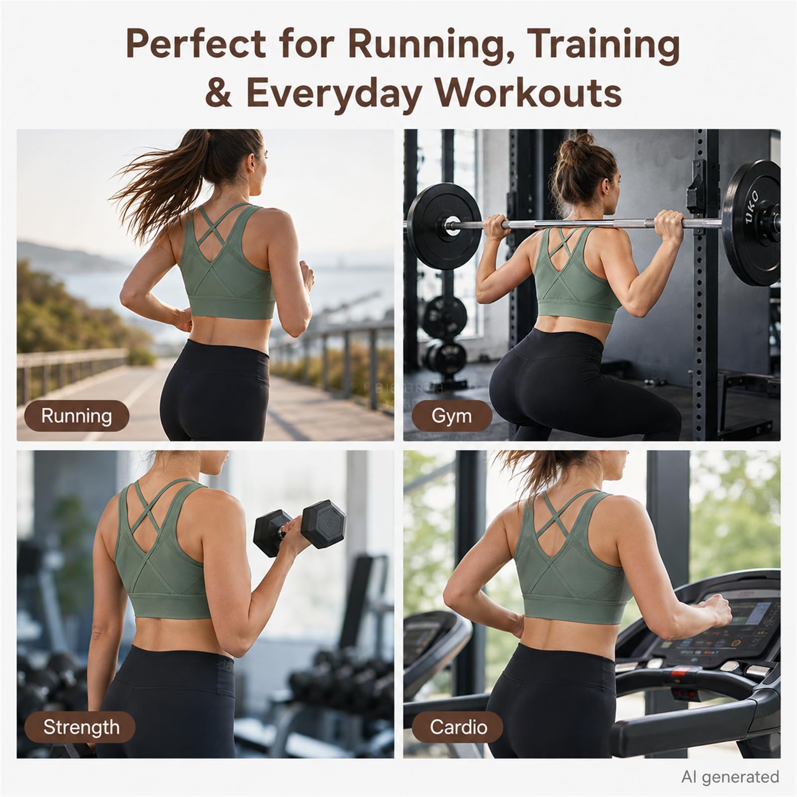 Reggiseno sportivo da donna senza cuciture, supporto medio, incrociato | Morbida sensazione senza cuciture, coppe rimovibili, fascia elastica inferiore, asciugatura all'aria per la cura della forma
