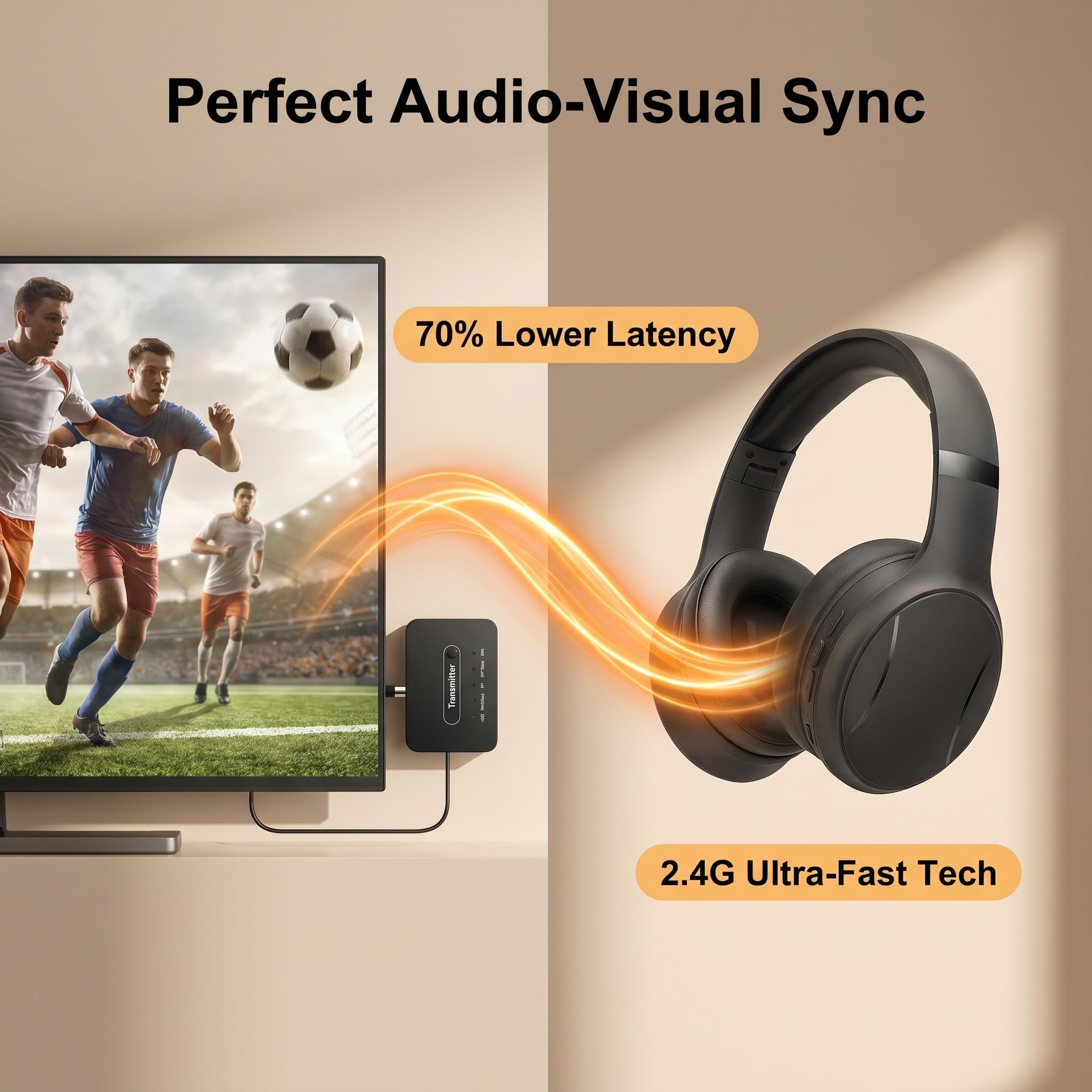 Auriculares Inalámbricos para TV con Transmisor 2.4G 1 a 2, Baja Latencia Inmersivo para Personas Mayores, Compatible con Óptica Coaxial USB RCA AUX Bluetooth 5.4, Alcance 50m, 5 Modos EQ