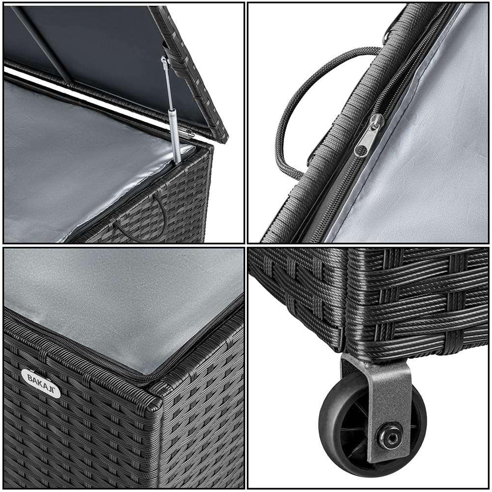 BAKAJI Baule Portaoggetti da Giardino in Polyrattan 420 Litri, Box da Esterno Impermeabile Resistente ai Raggi Uv, Cassapanca XXL con Ruote per Trasporto e Maniglia, 121 x 55 x 60 cm (Nero)