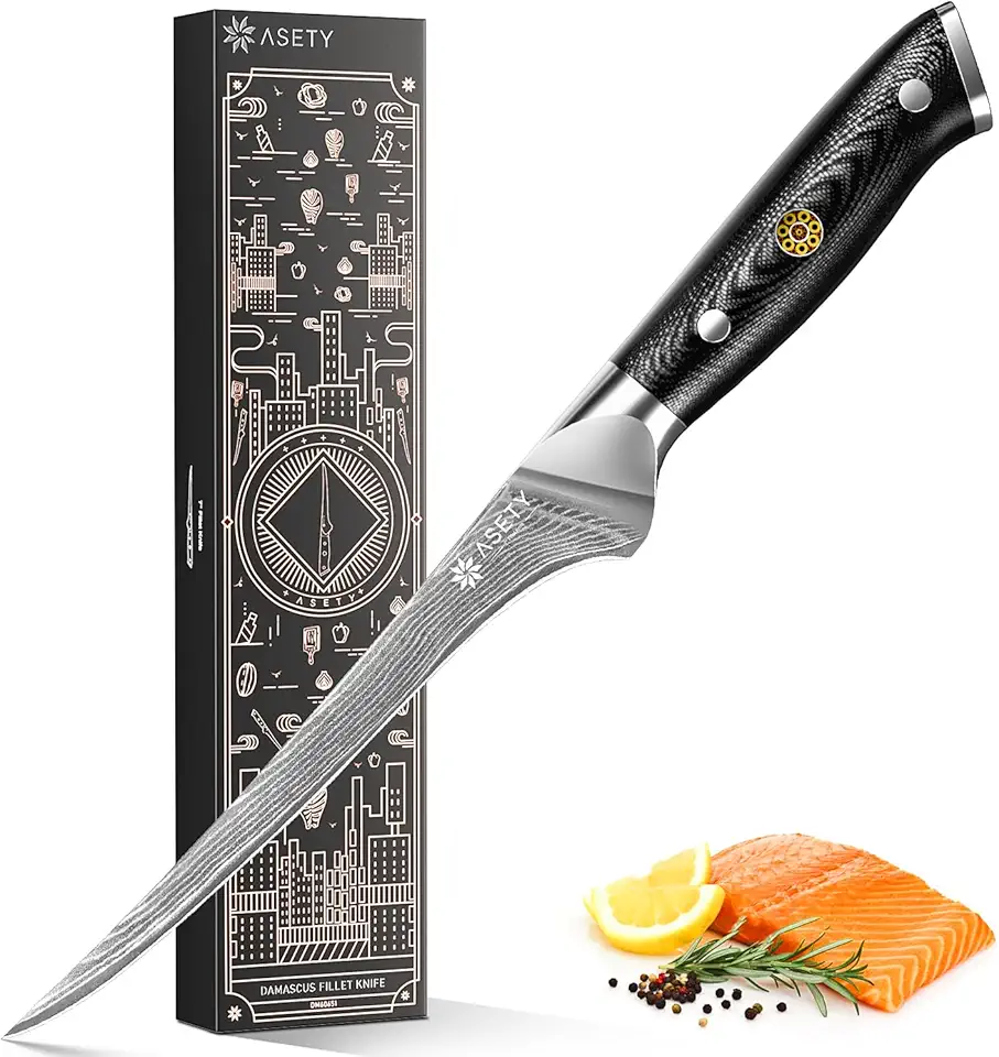 Faca de filete de damasco de 18 cm - Faca de filete ultra-afiada para peixe e carne, faca de desossar japonesa profissional com núcleo de aço VG10, alça completa Tang G10, caixa elegante