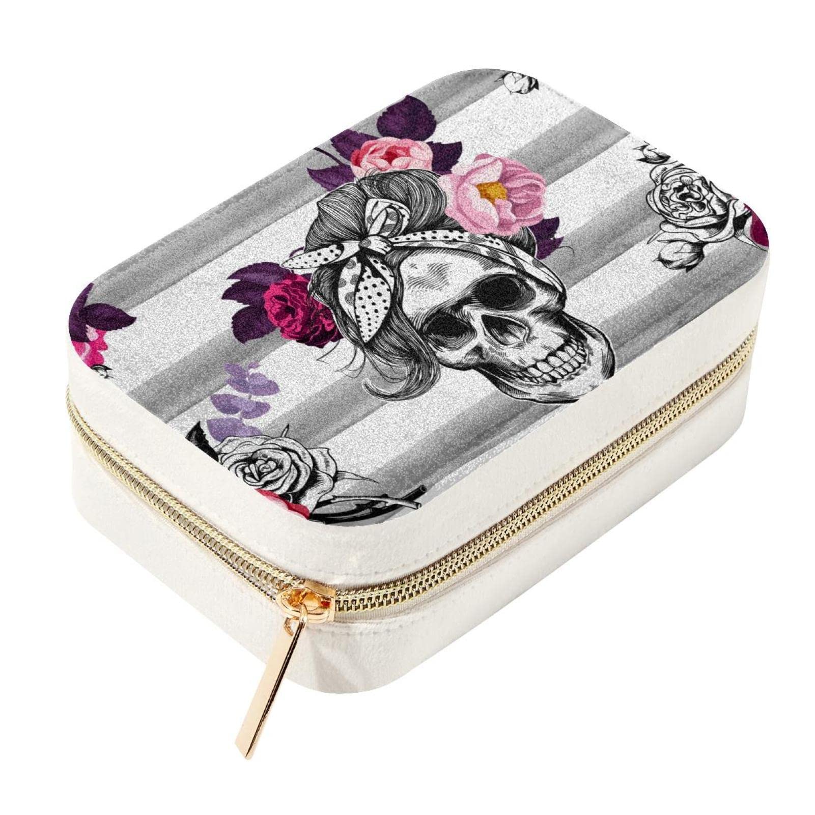 Boîte à bijoux hipster en velours motif crâne et roses, le cadeau idéal