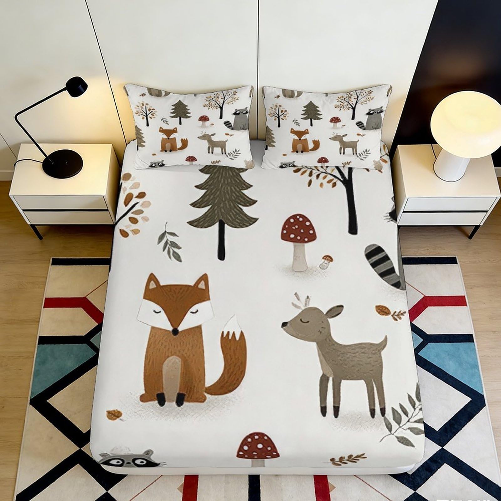 3D Printed Woodland Fox Fitted Sheet Microfiber Soft Breathable Forest Deer Bed Cover for Bedroom Guest Room Mattress Protection Decor 120x200x25cm
