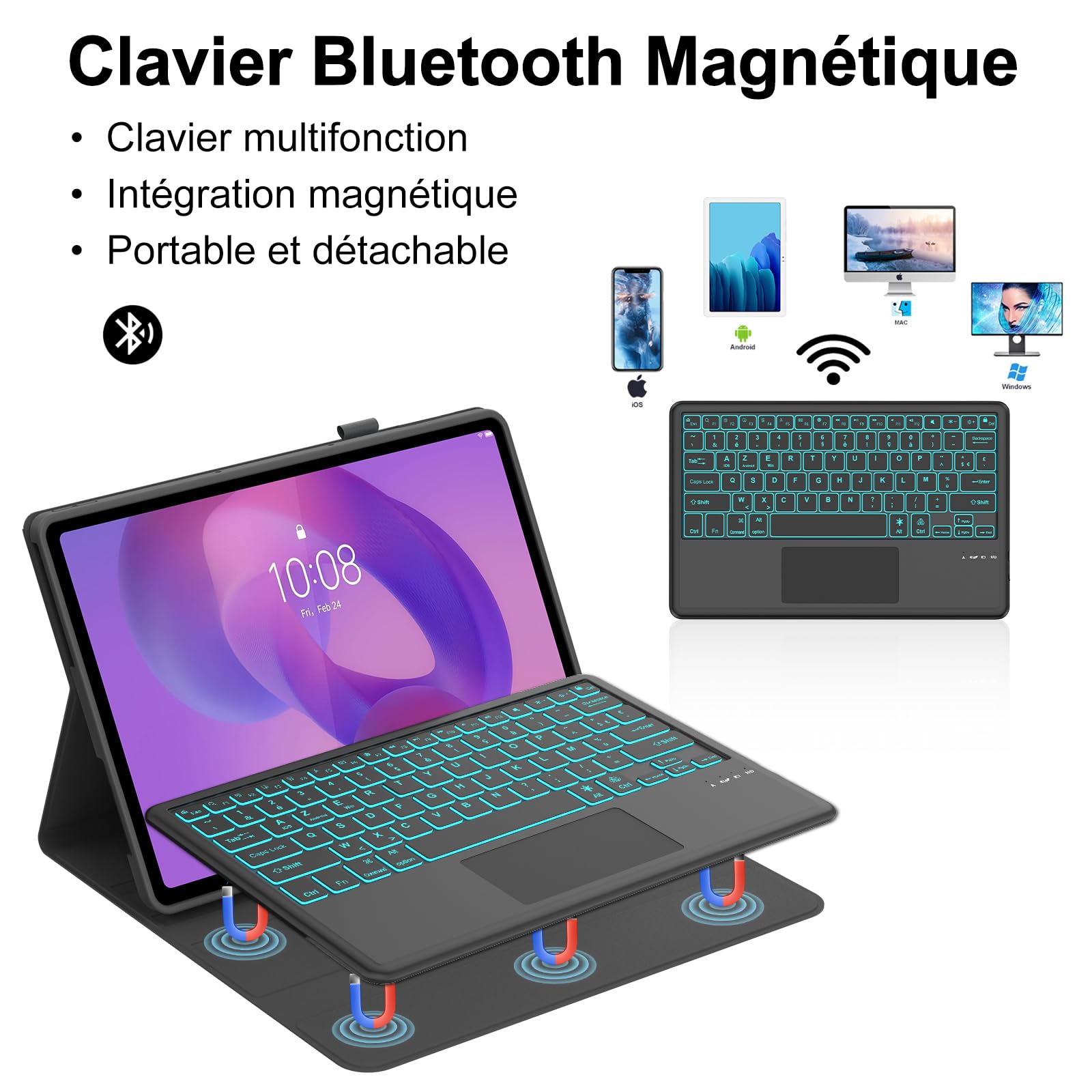 Coque Clavier pour Lenovo Idea Tab Plus 12.1 Pouces avec Pavé Tactile, AZERTY Français Housse Clavier Bluetooth Détachable 7 Couleurs Rétroéclairées pour Tablette Lenovo Idea Tab Plus 12.1" 2025, Noir