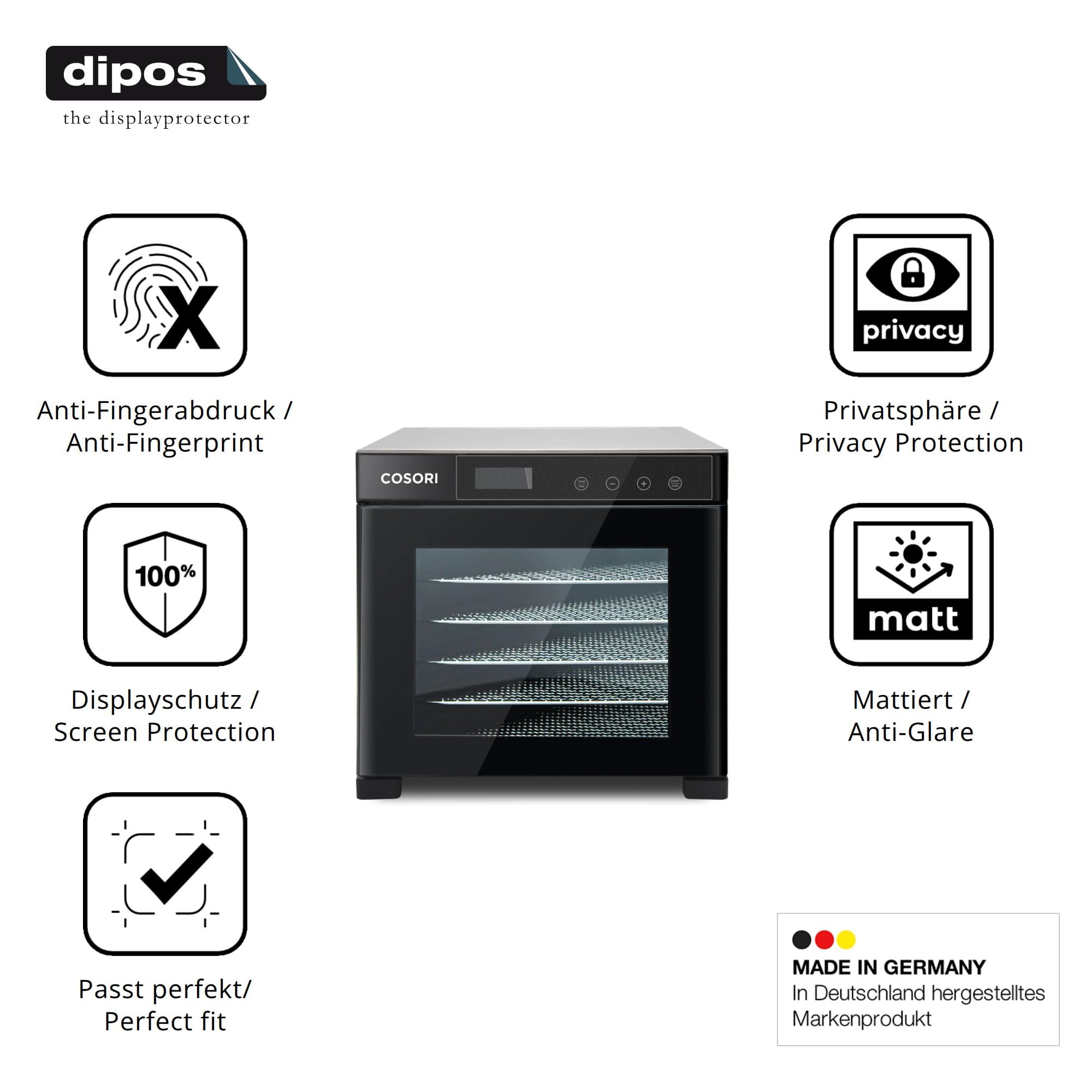 dipos Protector de Pantalla Antiespía para Cosori CP267-FD | Película protectora mate, filtro de privacidad 4 vías, ajuste perfecto, antiarañazos, sin burbujas, autoadhesivo