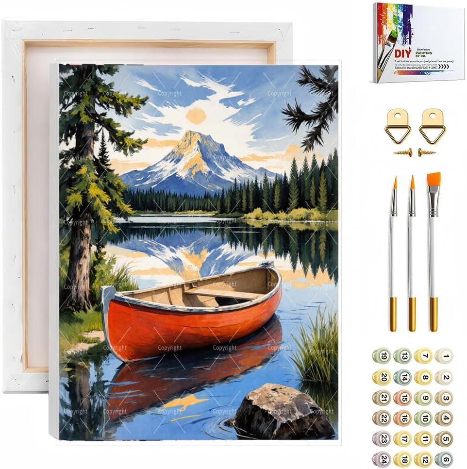 Mountain Paint By Numbers Kit For Adults - Diy Red Canoe Mountain Lake Painting On Canvas 16X20 In, Acrylic Paint Set, Suitable For Beginners, Wall Decor Art For Home Decoration Or Gifts, Unframed