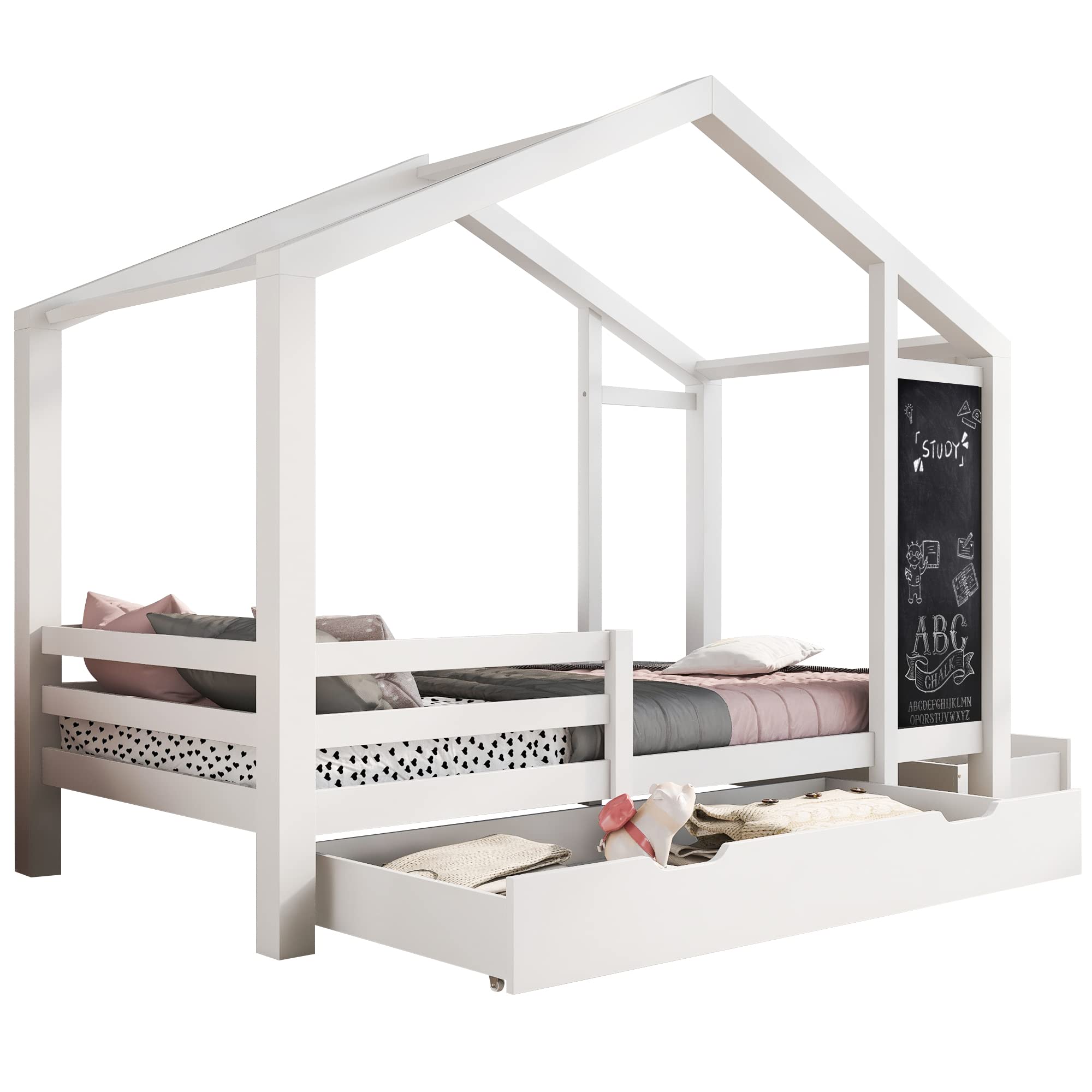 Cama infantil de madera con tablero y 2 cajones, con valla y somier, 90 x 200 cm, color blanco (sin colchón)
