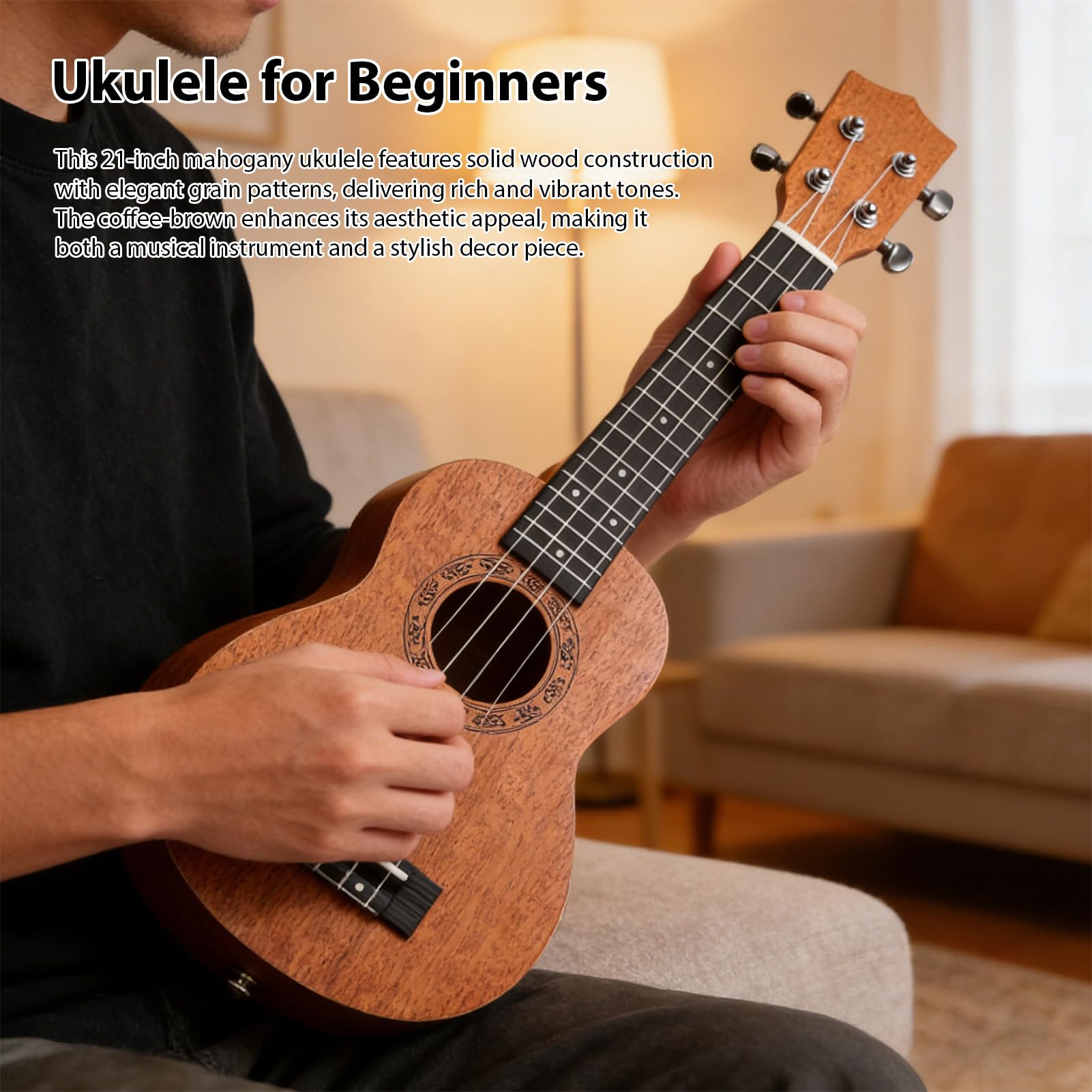 Dilwe Ukulele, Kit per Principianti in Legno di Pesca da 21 Pollici con Tracolla per Accordatore, Borsa per Plettri, Ukulele a 4 Corde per Adulti e Bambini