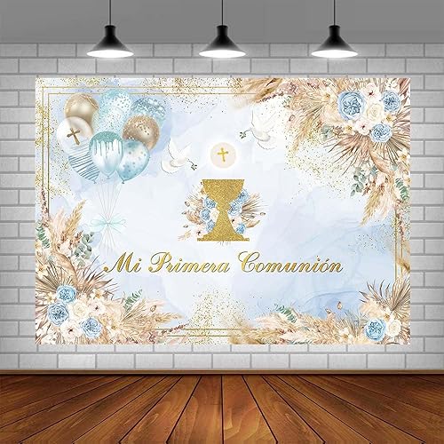 Vista 10 de Telón de fondo bohemio de bautismo de 7 x 5 pies para niños, Mi Primera, Comunión, Bautizo, Fotografía, Dios bendiga la Primera Comunión, pancarta