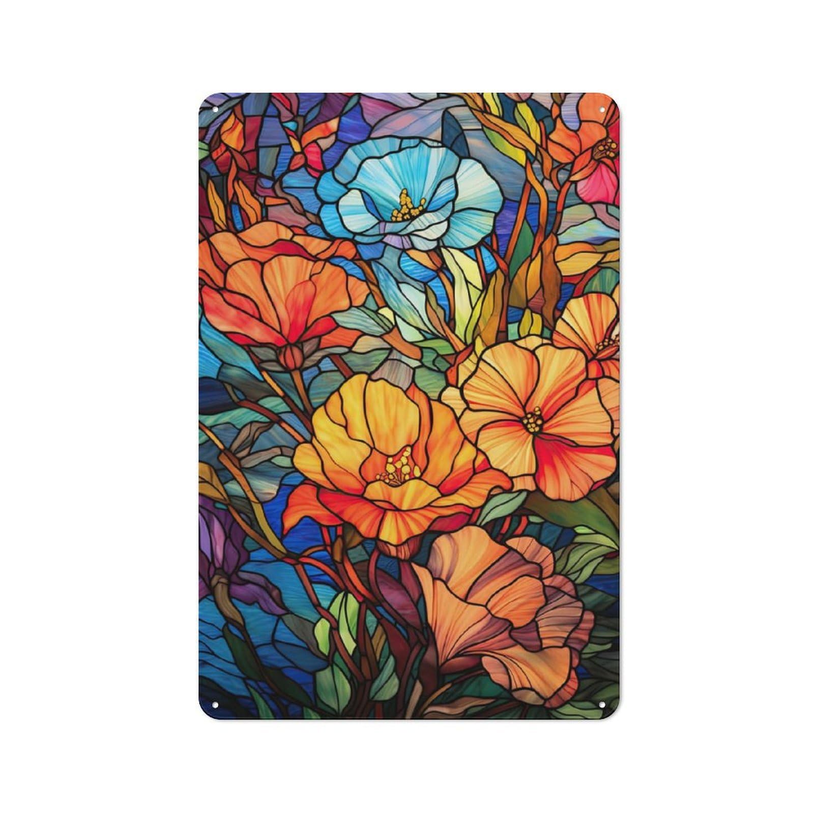 For Living Room Or Hallway, Stained Glass Flowers Retro Metal Plaque 30x20cm, for A Newly Furnished Living Room And Hallway