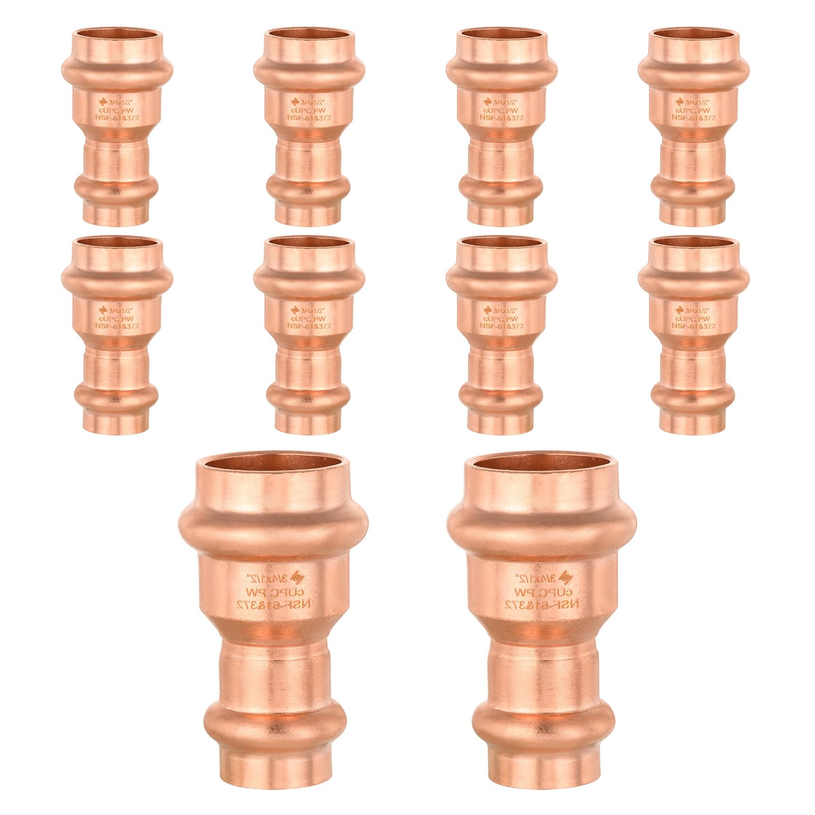 Paquete de 10 racores de Cobre a presión GUOFIS, Acoplamiento Reductor de 3/4 de Pulgada x 1/2 Pulgada con Tope, diseño LBP, acoplador de Cobre a presión para conexión de Tubos de Cobre.