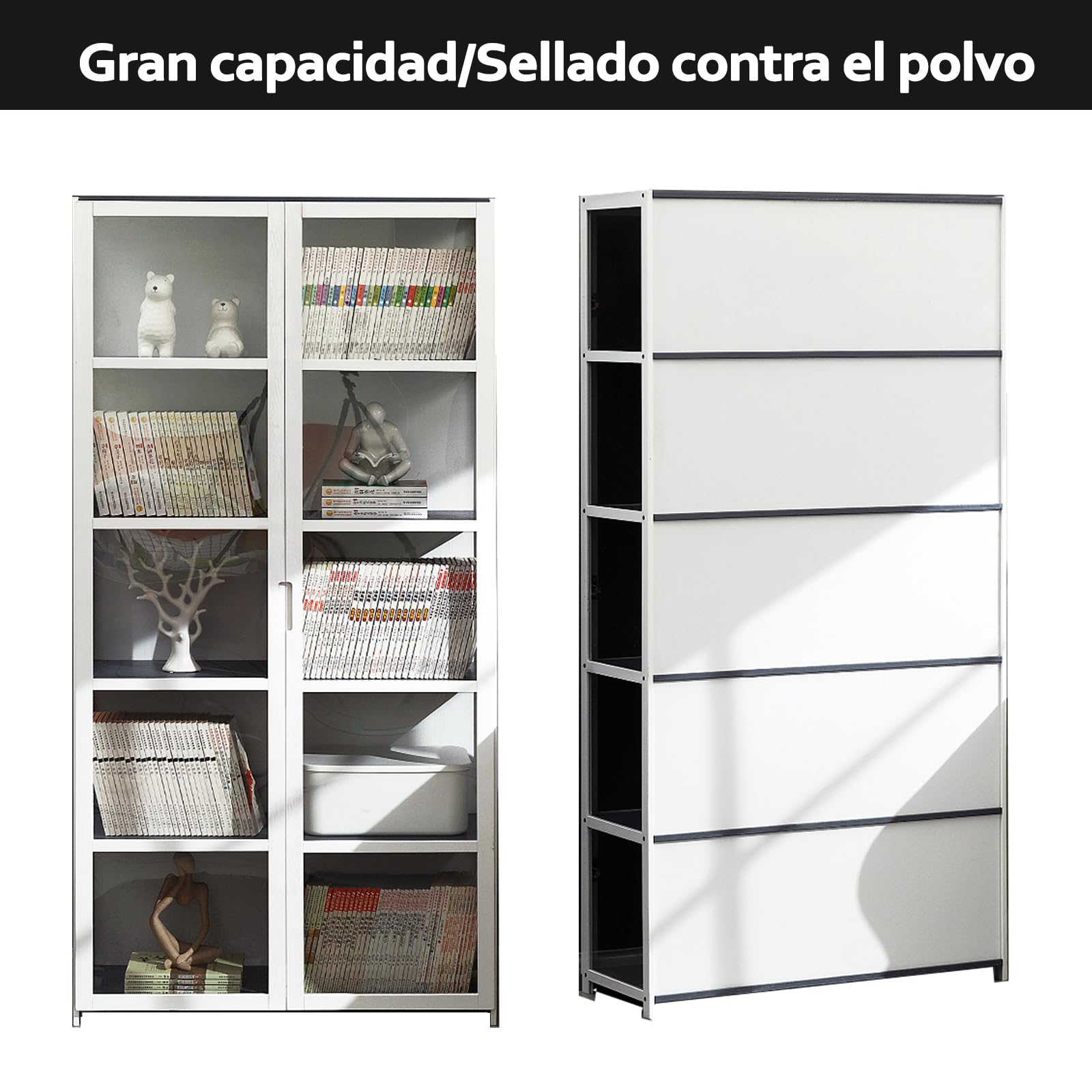 Vitrina Expositora para Colecciones, vitrinas de Cristal, libreria con Puertas, vitrinas+expositoras+Marco Bambu, estanteria Figuras Coleccion 62 * 33 * 130cm(4 Capas) Blanco