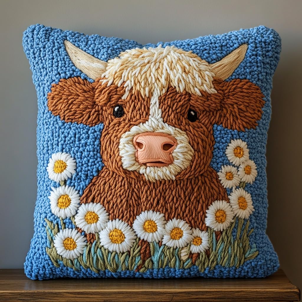 DIY Punch Needle Pillow Kit Cute Highland Cow Daisy Flowers with Pattern and Hoop Handmade Embroidery Punch Needle Starter Pillowcase Set for Home Sofa Decor 43x43cm-1-37