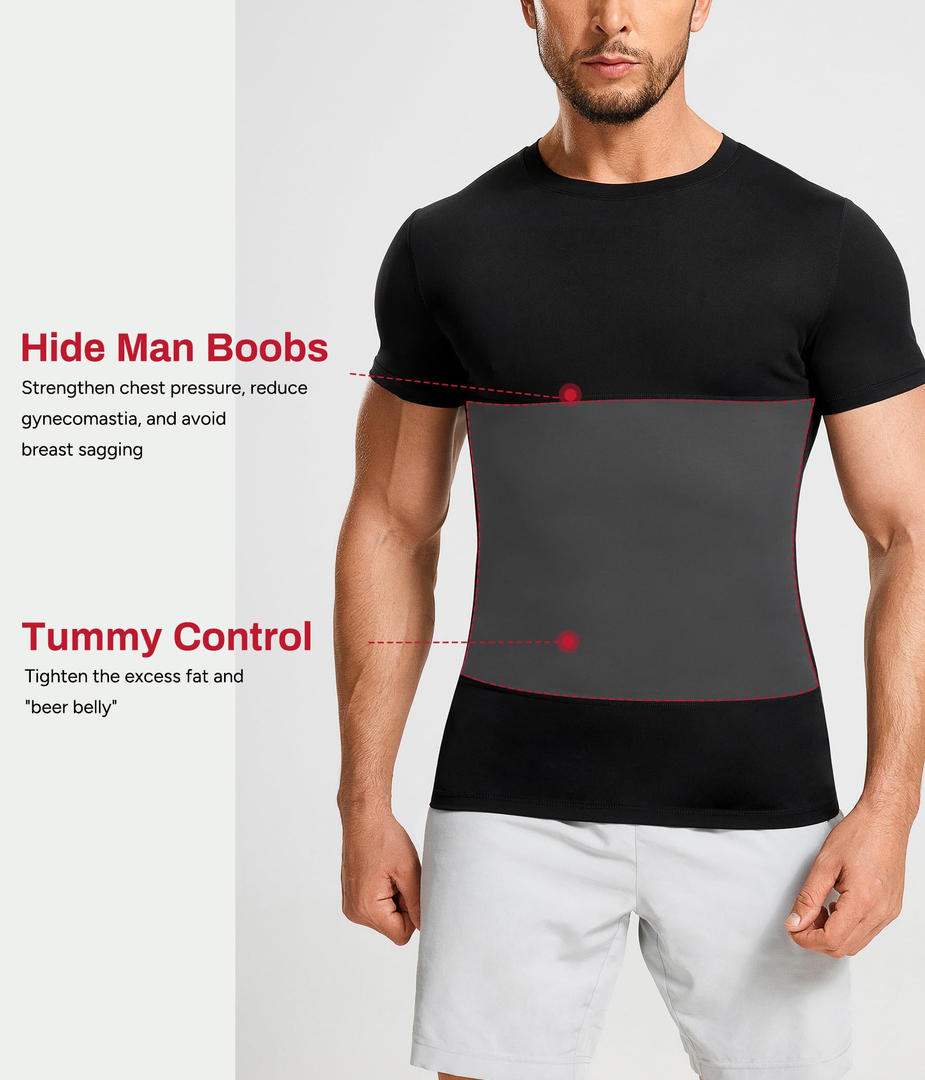 Nebility Kompressionsshirt Herren Kurzarm Compression Shirt mit Doppeltem Bauchpanel Shapewear für Männer mit Atmungsaktivem Kompression Bauchweg Tshirt Unterhemd für Training und Alltag