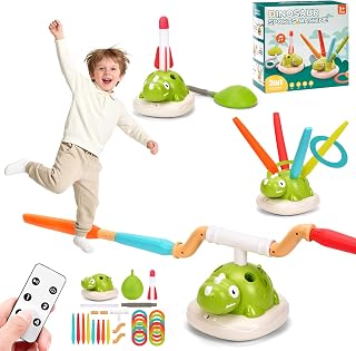 3 in 1 Dinosaur Rocket Launcher, Musical Spinning Jump Dinosaur Toy, Ring Toss Game & Stomp Rockets with Remote Control, Kids Indoor & Outdoor Energy Burning Toys for Boys Girls (1 Set)