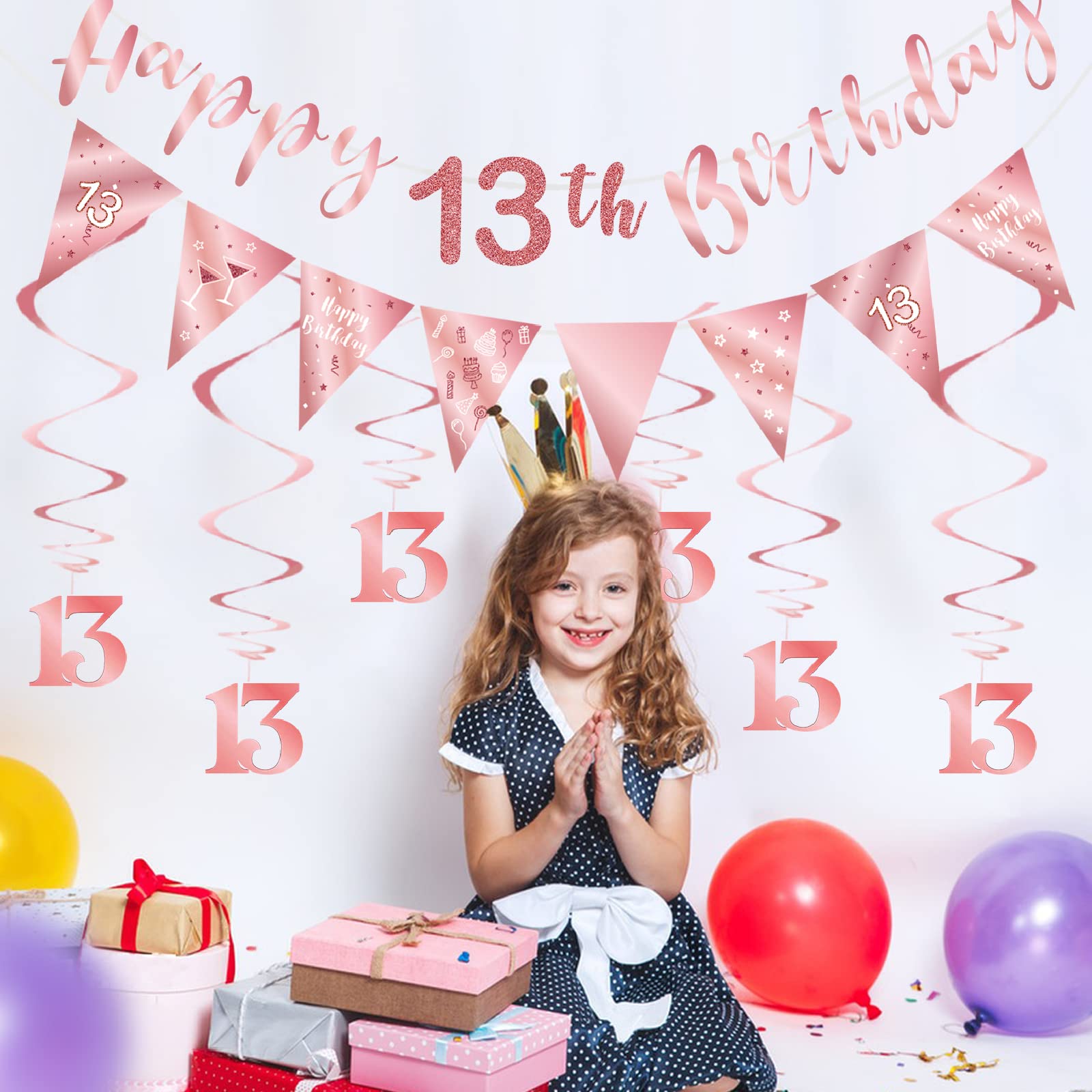 Set Decorazione 16° Compleanno Oro Rosa Per Ragazze - Striscione, Bandierine Triangolari E 6 Vortici Da Appendere - 6