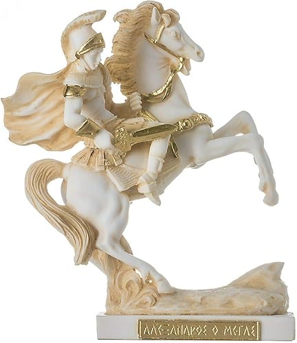 BEAUTIFUL GREEK STATUES Alejandro el grande de Macedonia en su caballo Bucephalus Estatua tono dorado 7"